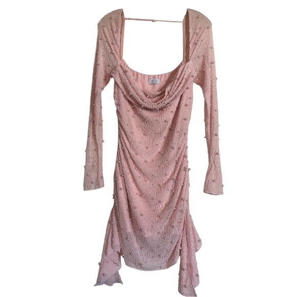 Oh Polly Blush Pink Dress Size 6 Beaded Long Sleeve Cowl Neck Embellished Party - Picture 1 of 8
